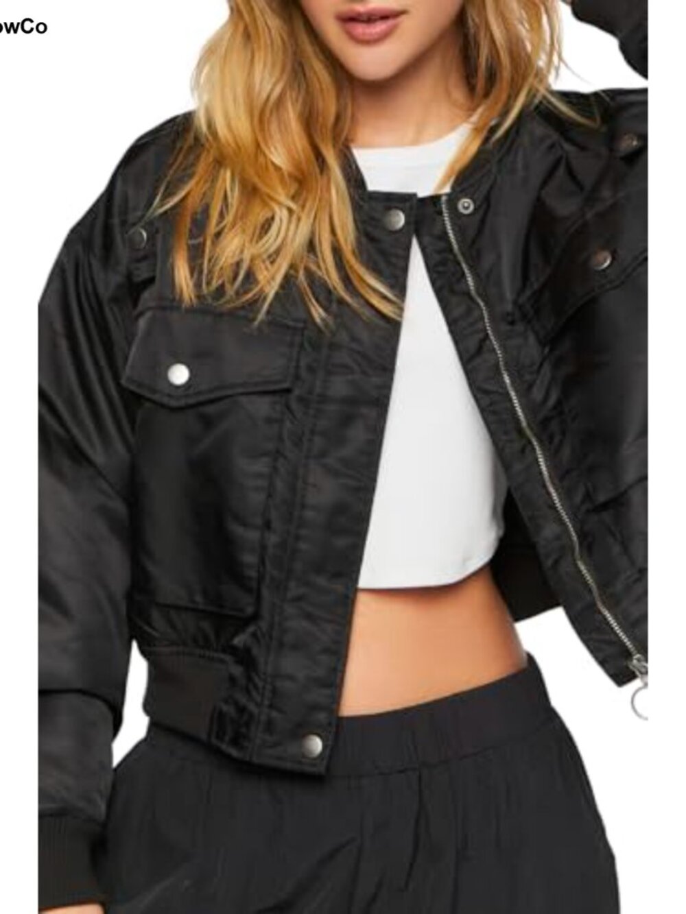 Cropped Bomber Jacket Women Zip Up Snap Nylon Casual
